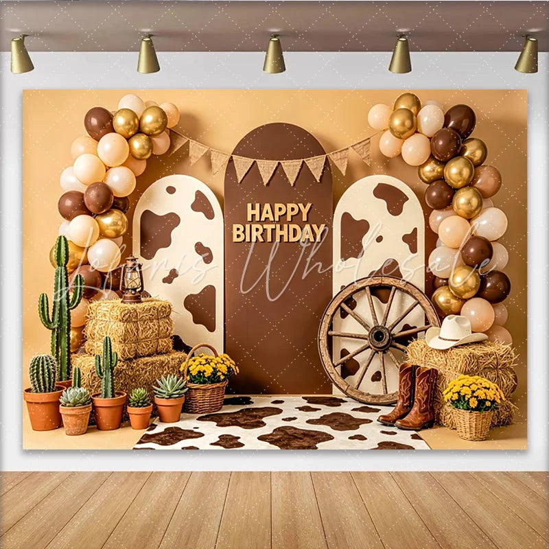Lofaris Western Cowboy Birthday Backdrop with Balloons and Cow Print Farm Themed Photography Background for Kids Party Decoration