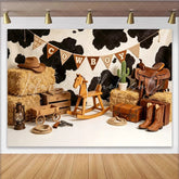 Lofaris Western Cowboy Birthday Backdrop with Cowhide Print and Hay Bales Kids Party Photography Background Decor