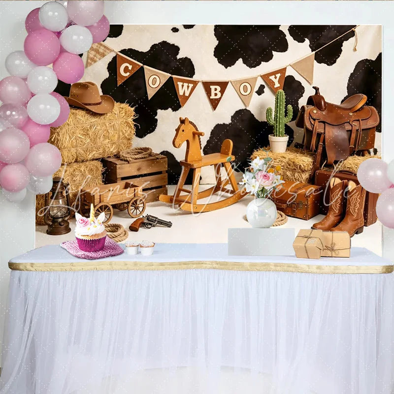 Lofaris Western Cowboy Birthday Backdrop with Cowhide Print and Hay Bales Kids Party Photography Background Decor