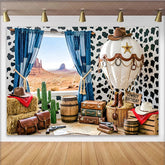 Lofaris Western Cowboy Birthday Backdrop with Desert View Cow Print Hot Air Balloon Background for Party Photography