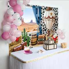 Lofaris Western Cowboy Birthday Backdrop with Desert View Cow Print Hot Air Balloon Background for Party Photography