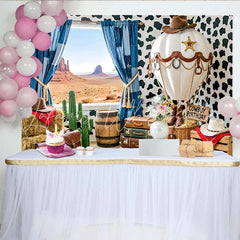 Lofaris Western Cowboy Birthday Backdrop with Desert View Cow Print Hot Air Balloon Background for Party Photography