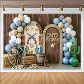 Lofaris Western Happy Birthday Backdrop with Wooden Door Wagon Wheel and Horseshoe Rustic Party Photography Background for Kids