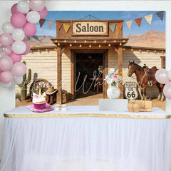 Lofaris Western Saloon Photography Backdrop with Horse and Route 66 Sign Desert Cowboy Theme Background for Studio Photoshoot