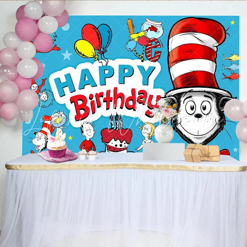 Lofaris Whimsical Cartoon Birthday Backdrop with Mischievous Characters and Colorful Balloons Fun Party Background for Kids Photoshoot
