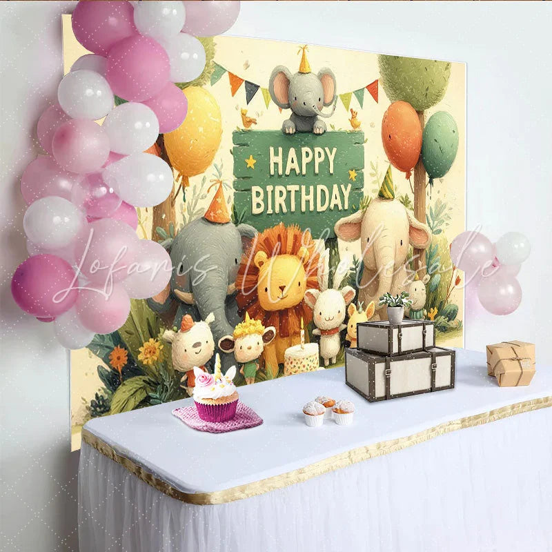 Lofaris Whimsical Cartoon Jungle Animals Happy Birthday Backdrop with Elephants and Lion Safari Party Decor