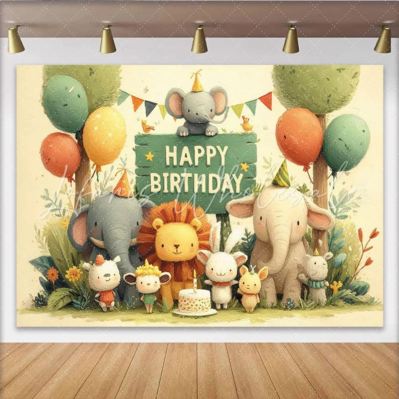 Lofaris Whimsical Cartoon Jungle Animals Happy Birthday Backdrop with Elephants and Lion Safari Party Decor