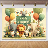 Lofaris Whimsical Cartoon Jungle Animals Happy Birthday Backdrop with Elephants and Lion Safari Party Decor
