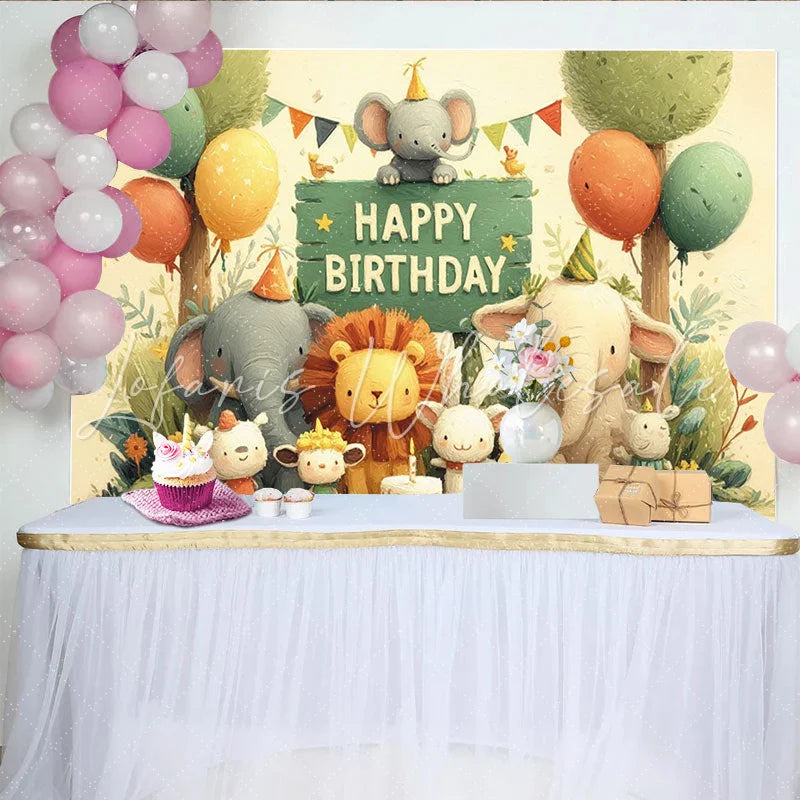 Lofaris Whimsical Cartoon Jungle Animals Happy Birthday Backdrop with Elephants and Lion Safari Party Decor