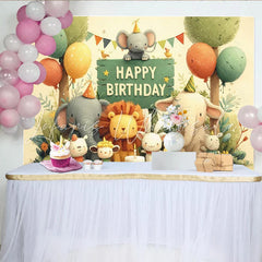 Lofaris Whimsical Cartoon Jungle Animals Happy Birthday Backdrop with Elephants and Lion Safari Party Decor