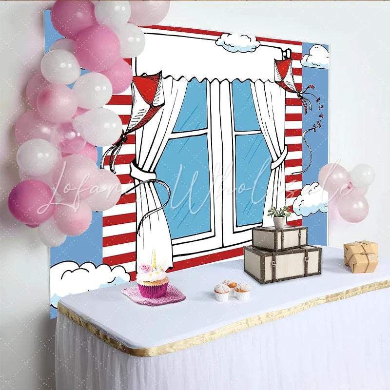Lofaris Whimsical Cartoon Window Photography Backdrop with Red and White Stripes Blue Sky and Kites for Children’s Photoshoot