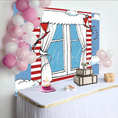 Lofaris Whimsical Cartoon Window Photography Backdrop with Red and White Stripes Blue Sky and Kites for Children’s Photoshoot