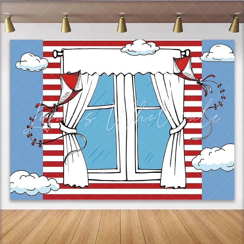 Lofaris Whimsical Cartoon Window Photography Backdrop with Red and White Stripes Blue Sky and Kites for Children’s Photoshoot