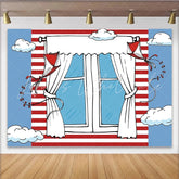 Lofaris Whimsical Cartoon Window Photography Backdrop with Red and White Stripes Blue Sky and Kites for Children’s Photoshoot