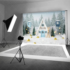 Lofaris Whimsical Christmas A-Frame Cabin Photography Backdrop Miniature Ski Lift in Snow Winter Holiday Photo Background