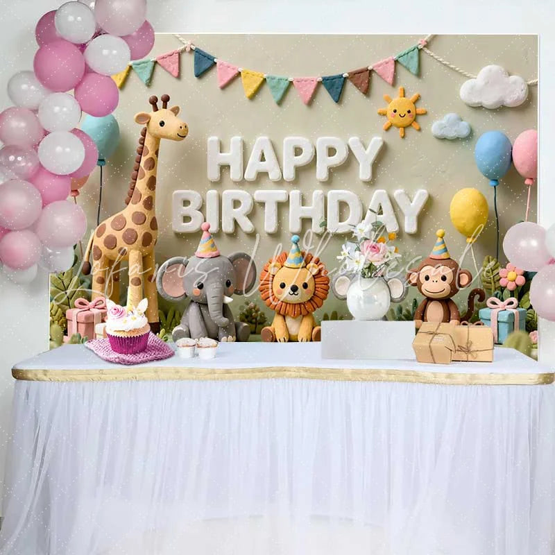 Lofaris Whimsical Clay Animals Happy Birthday Backdrop Jungle Safari Theme for Baby Shower and Kids Party