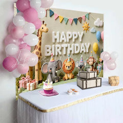 Lofaris Whimsical Clay Animals Happy Birthday Backdrop Jungle Safari Theme for Baby Shower and Kids Party