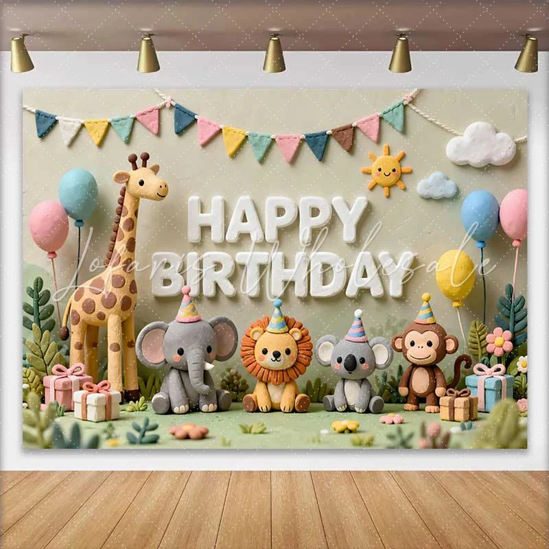 Lofaris Whimsical Clay Animals Happy Birthday Backdrop Jungle Safari Theme for Baby Shower and Kids Party