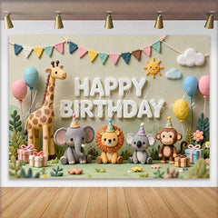 Lofaris Whimsical Clay Animals Happy Birthday Backdrop Jungle Safari Theme for Baby Shower and Kids Party