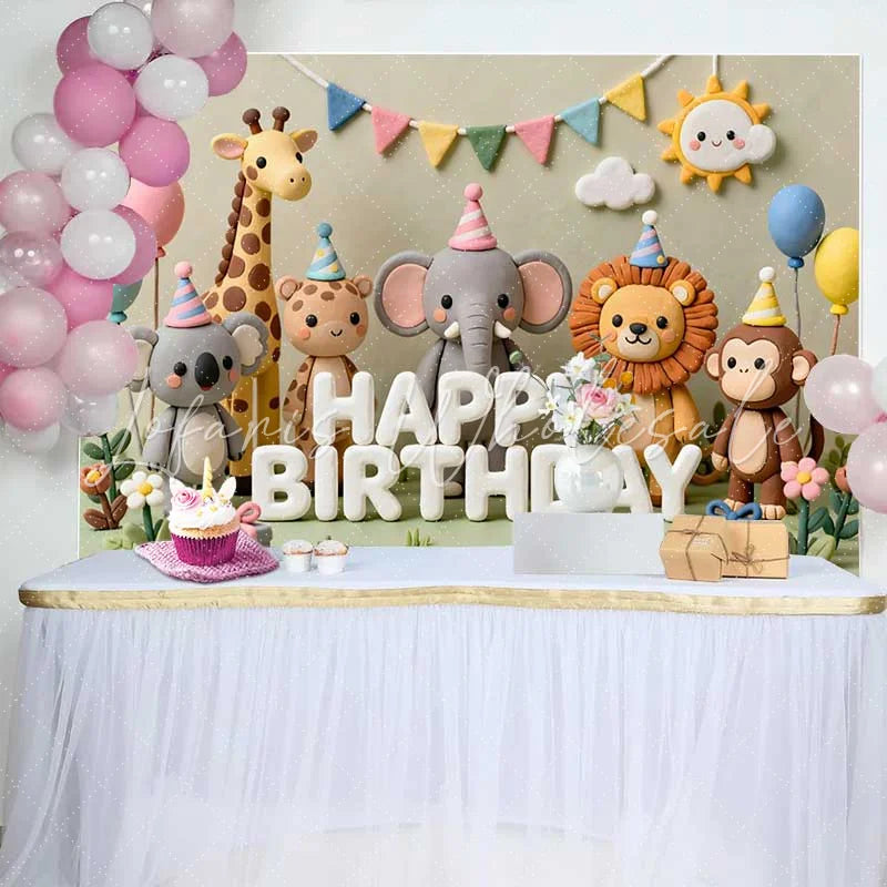Lofaris Whimsical Clay Animals Happy Birthday Backdrop with Safari Jungle Theme Adorable Koala Elephant Lion Monkey Party Decoration