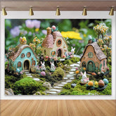 Lofaris Whimsical Easter Backdrop with Cute Bunnies and Colorful Eggs Enchanting Spring Garden Background for Holiday Party Decor
