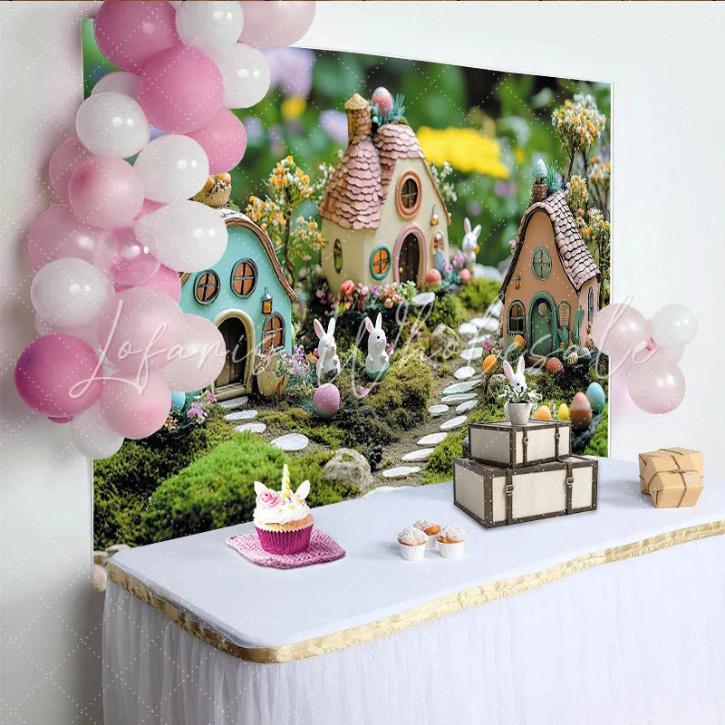 Lofaris Whimsical Easter Backdrop with Cute Bunnies and Colorful Eggs Enchanting Spring Garden Background for Holiday Party Decor