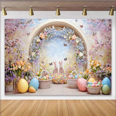 Lofaris Whimsical Easter Backdrop with Cute Bunnies and Colorful Eggs Spring Floral Archway and Butterfly Garden