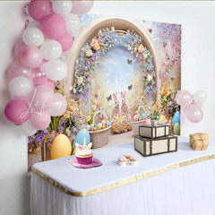 Lofaris Whimsical Easter Backdrop with Cute Bunnies and Colorful Eggs Spring Floral Archway and Butterfly Garden