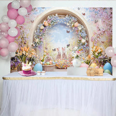 Lofaris Whimsical Easter Backdrop with Cute Bunnies and Colorful Eggs Spring Floral Archway and Butterfly Garden