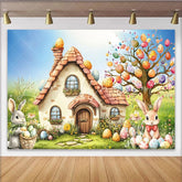 Lofaris Whimsical Easter Backdrop with Cute Bunnies Colorful Eggs and a Charming Cottage for Spring Celebration