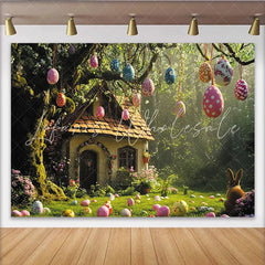 Lofaris Whimsical Easter Backdrop with Hanging Eggs Enchanted Forest Cottage and Rabbit for Spring Photography