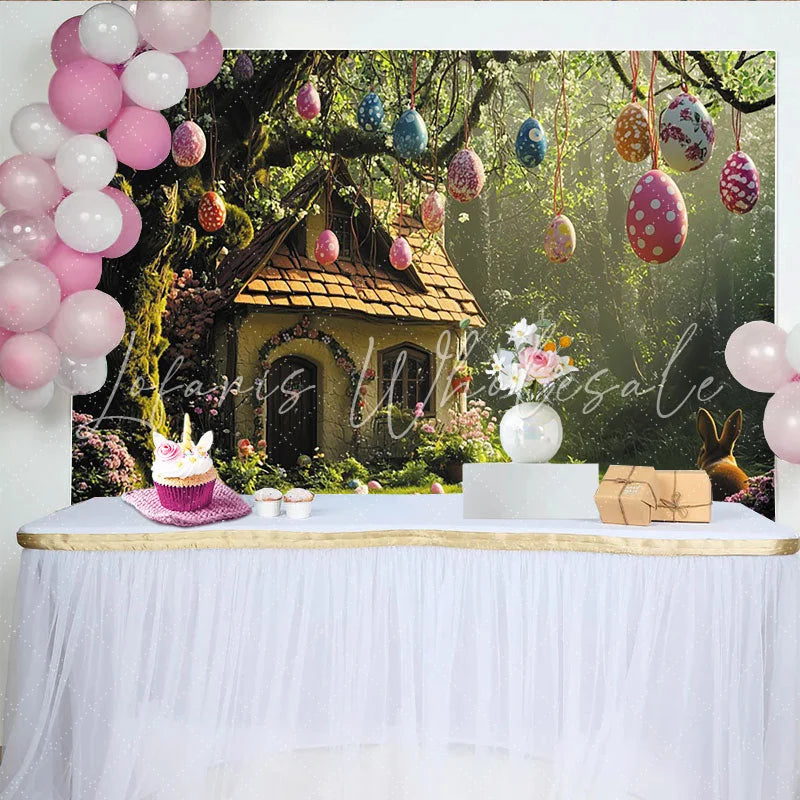 Lofaris Whimsical Easter Backdrop with Hanging Eggs Enchanted Forest Cottage and Rabbit for Spring Photography