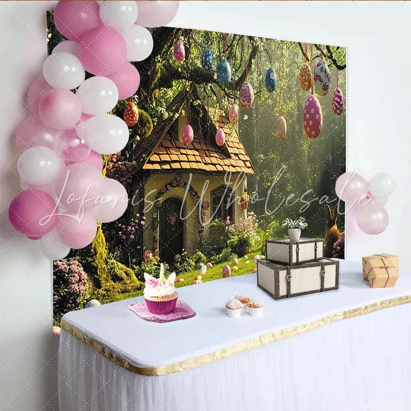 Lofaris Whimsical Easter Backdrop with Hanging Eggs Enchanted Forest Cottage and Rabbit for Spring Photography