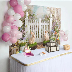Lofaris Whimsical Easter Backdrop with White Picket Fence Bunnies and Colorful Eggs Spring Garden Party Decor
