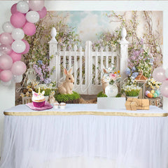Lofaris Whimsical Easter Backdrop with White Picket Fence Bunnies and Colorful Eggs Spring Garden Party Decor