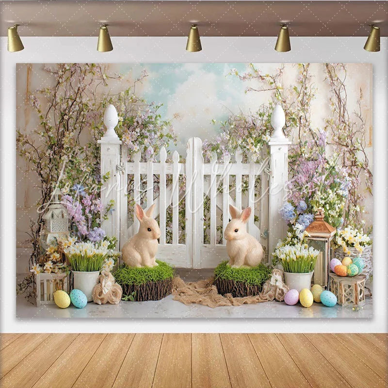 Lofaris Whimsical Easter Backdrop with White Picket Fence Bunnies and Colorful Eggs Spring Garden Party Decor