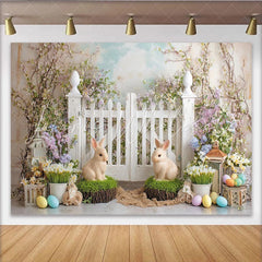 Lofaris Whimsical Easter Backdrop with White Picket Fence Bunnies and Colorful Eggs Spring Garden Party Decor
