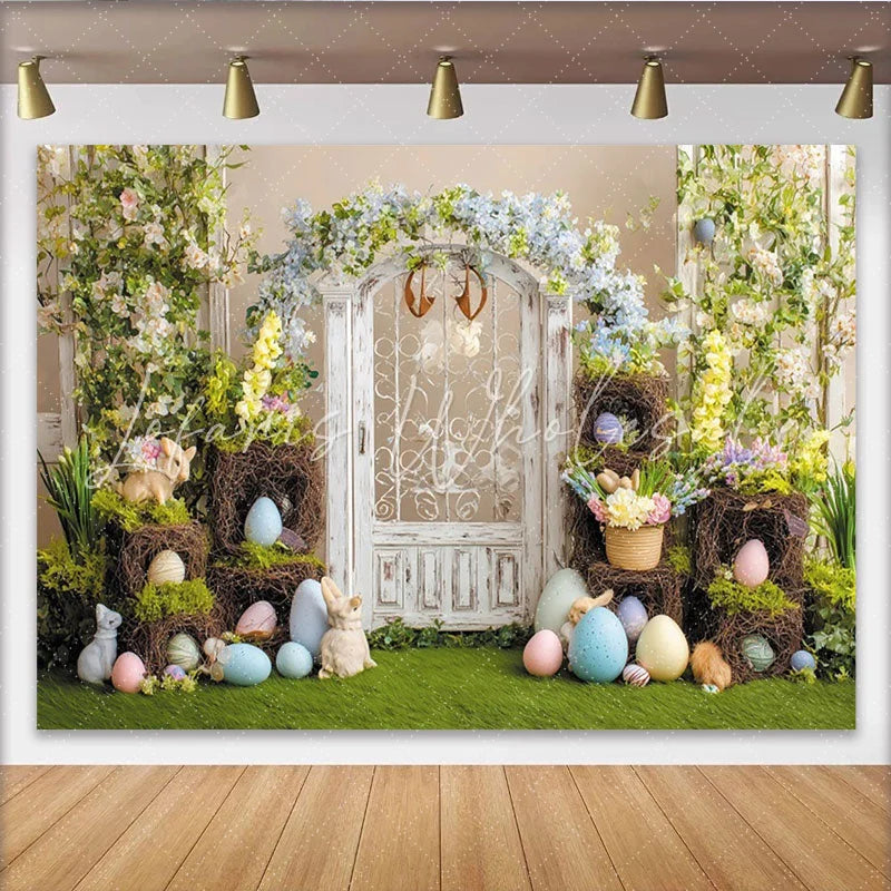 Lofaris Whimsical Easter Backdrop with White Wooden Door Spring Floral Arch and Pastel Eggs Green Grass Bunny Party Decor