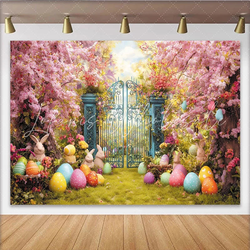 Lofaris Whimsical Easter Garden Backdrop with Cherry Blossoms Colorful Eggs and Cute Bunnies Spring Celebration Decor