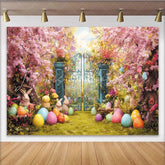 Lofaris Whimsical Easter Garden Backdrop with Cherry Blossoms Colorful Eggs and Cute Bunnies Spring Celebration Decor