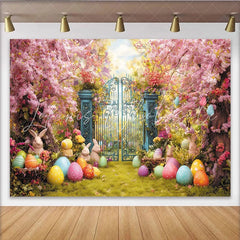 Lofaris Whimsical Easter Garden Backdrop with Cherry Blossoms Colorful Eggs and Cute Bunnies Spring Celebration Decor