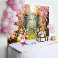 Lofaris Whimsical Easter Garden Backdrop with Cherry Blossoms Colorful Eggs and Cute Bunnies Spring Celebration Decor
