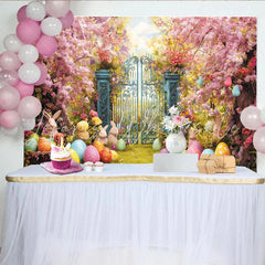 Lofaris Whimsical Easter Garden Backdrop with Cherry Blossoms Colorful Eggs and Cute Bunnies Spring Celebration Decor