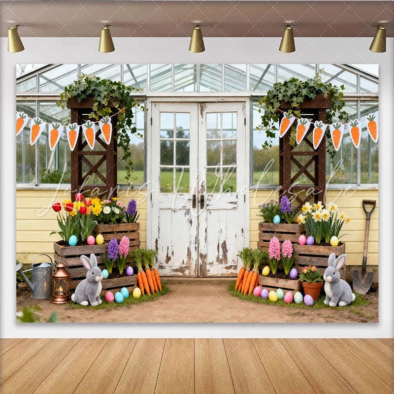 Lofaris Whimsical Easter Spring Garden Party Backdrop Rustic Greenhouse with Bunnies and Carrots