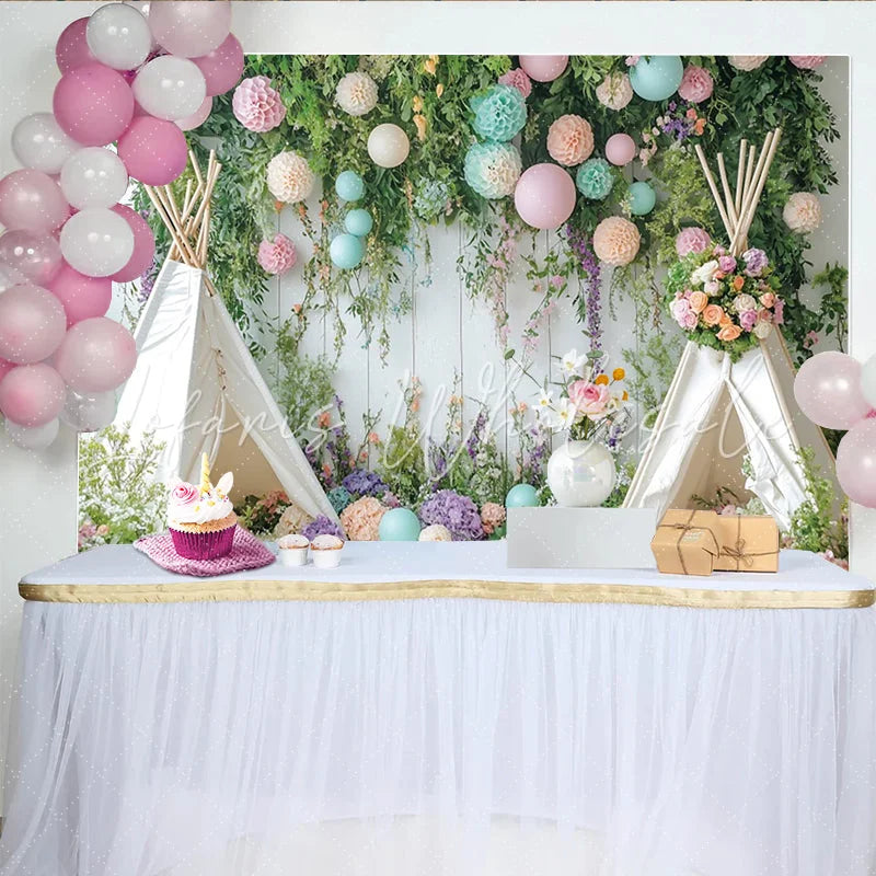 Lofaris Whimsical Floral Photography Backdrop with Teepee Tents and Pastel Flowers Studio Background for Baby Shower or Birthday Party Decor