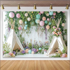 Lofaris Whimsical Floral Photography Backdrop with Teepee Tents and Pastel Flowers Studio Background for Baby Shower or Birthday Party Decor