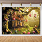Lofaris Whimsical Forest Easter Backdrop with Cute Bunny and Colorful Eggs Enchanting Spring Background for Holiday Decor