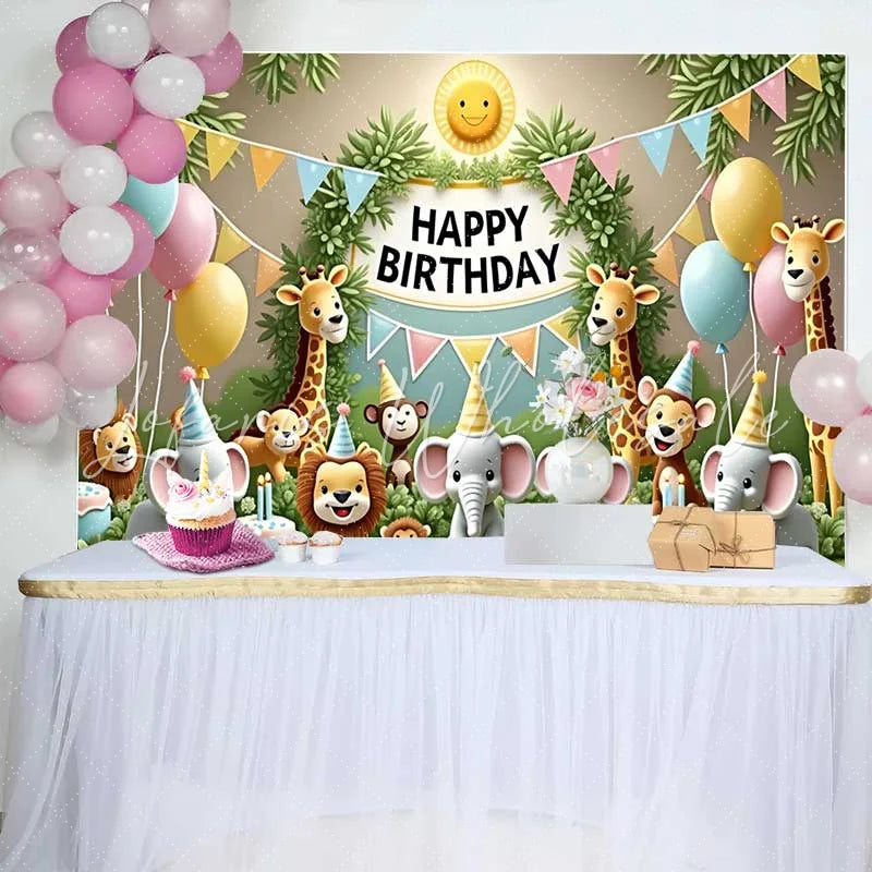 Lofaris Whimsical Jungle Safari Animals Happy Birthday Backdrop with Pastel Balloons and Cakes Kids Party Decor