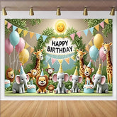 Lofaris Whimsical Jungle Safari Animals Happy Birthday Backdrop with Pastel Balloons and Cakes Kids Party Decor
