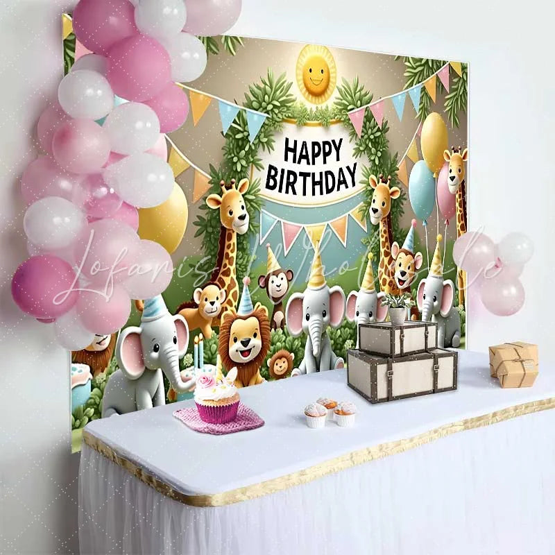 Lofaris Whimsical Jungle Safari Animals Happy Birthday Backdrop with Pastel Balloons and Cakes Kids Party Decor